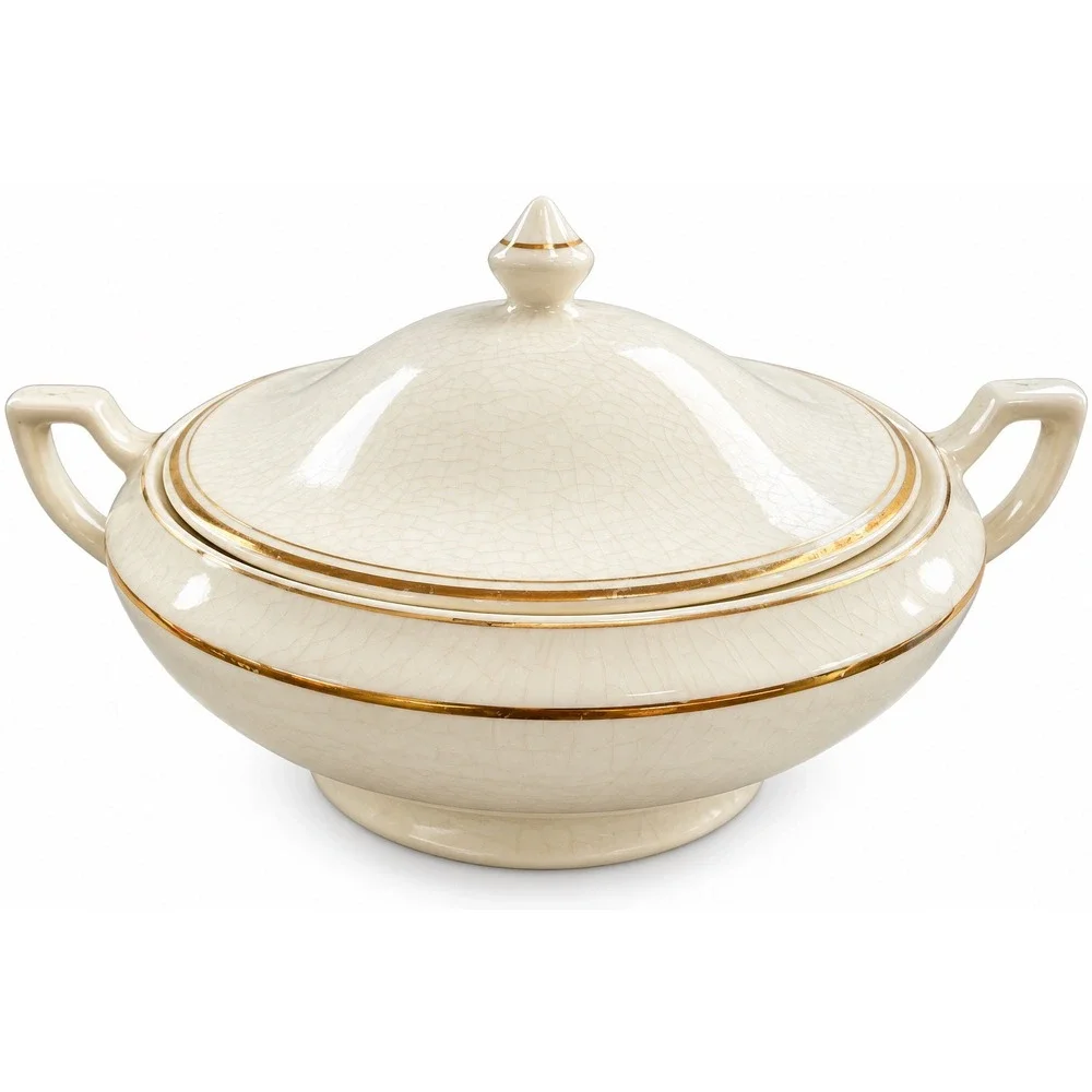 Vintage Cream Crackle Glaze Covered Tureen Gold Trim Double Handle Serving Bowl